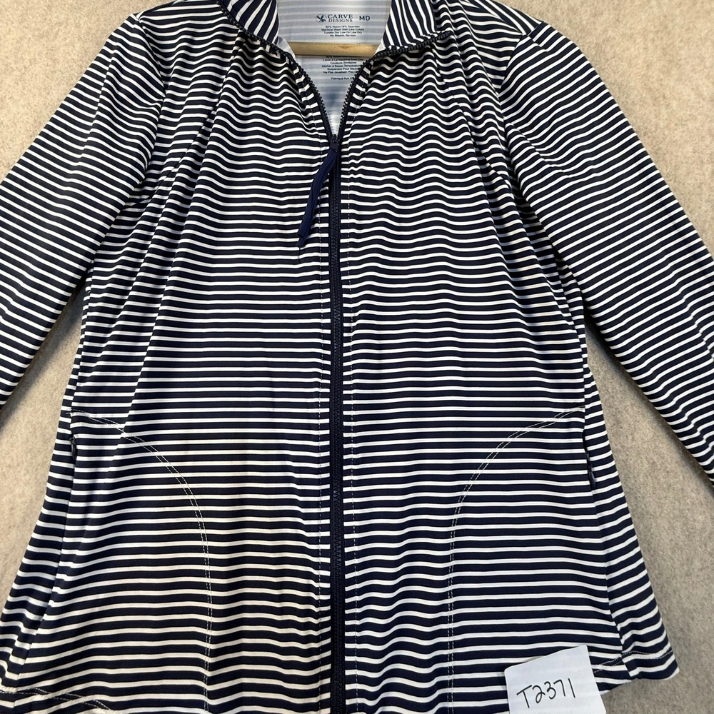 Carve Designs Womens Medium Navy White Striped Full Zip Rash Guard Swim Jacket - Picture 3 of 9